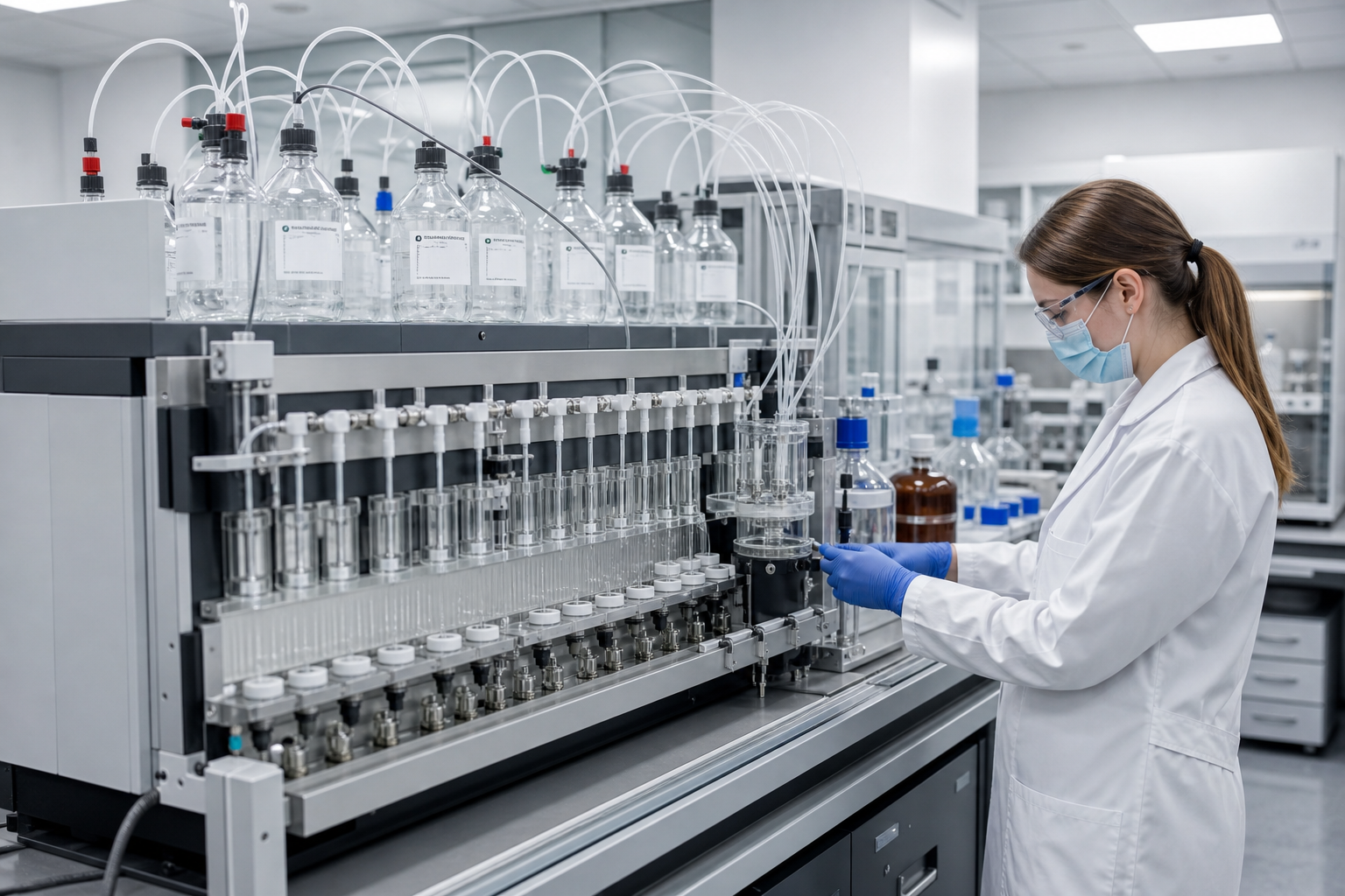 Technician operating automated peptide synthesis equipment