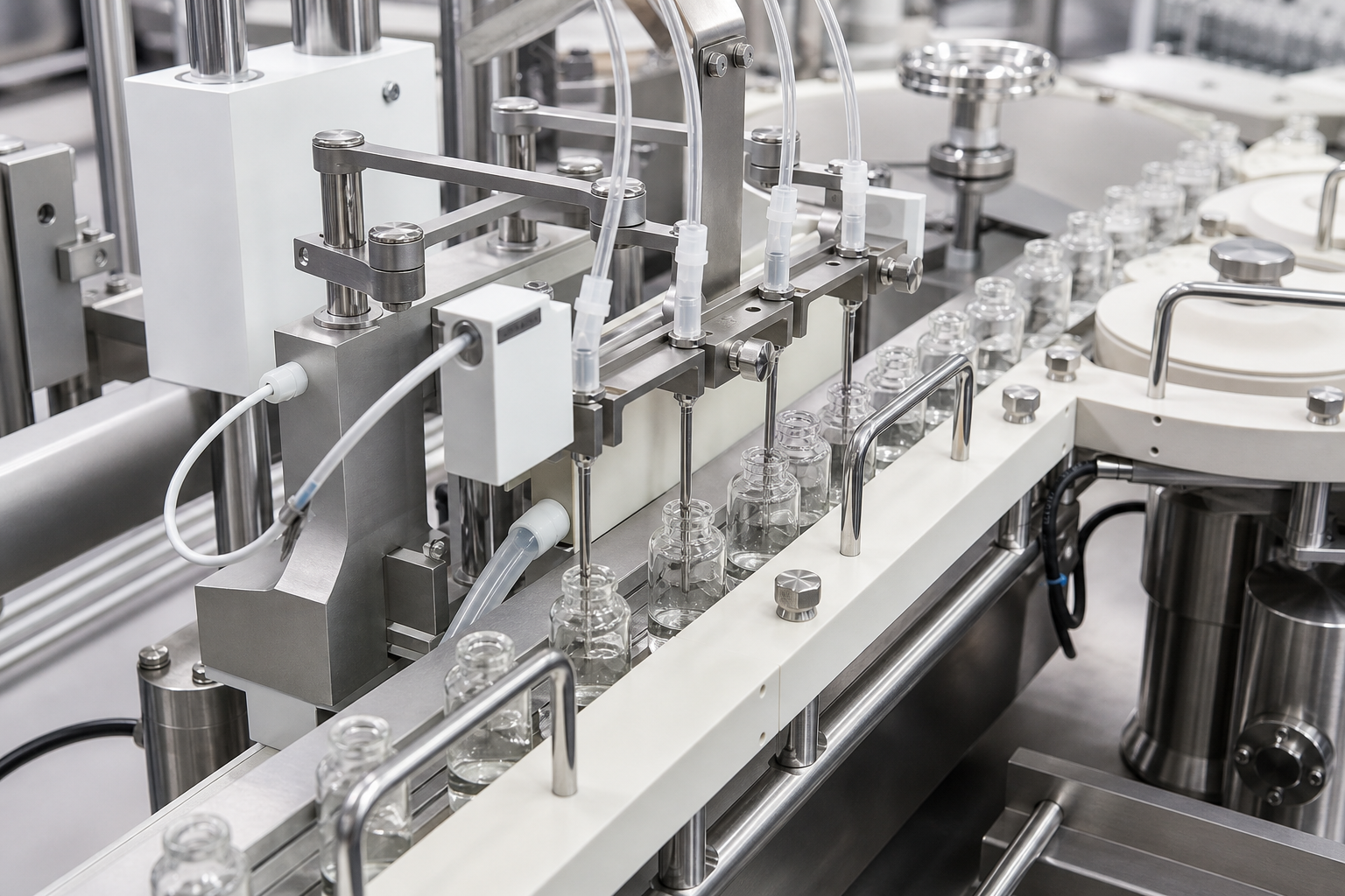 Automated stainless steel filling line processing clear glass vials